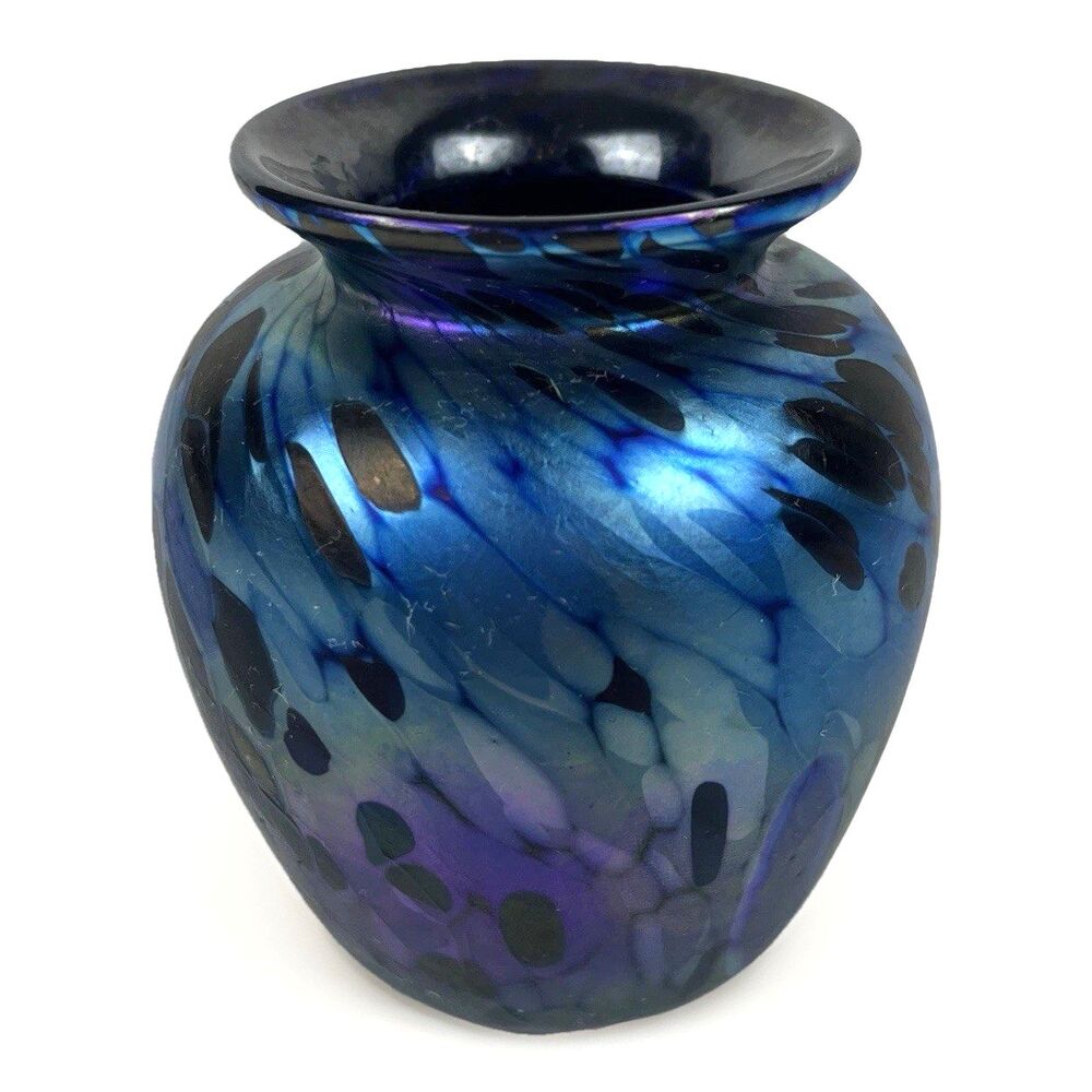 Arthur Allison Studio Art Glass Bud Vase Blue Iridescent Oil spot Metallic 3in